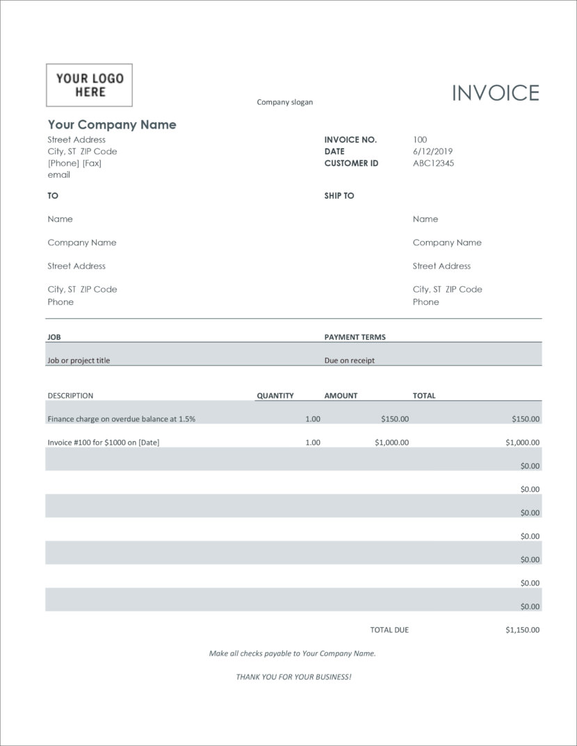 Screenshot of invoice template available in Micosoft Excel, downloadable in Docx and Xlsx format