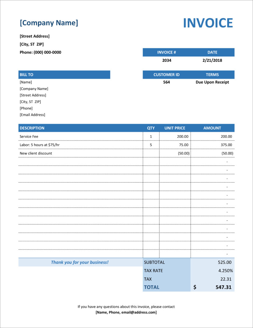 Screenshot of invoice template available in Micosoft Excel, downloadable in Docx and Xlsx format