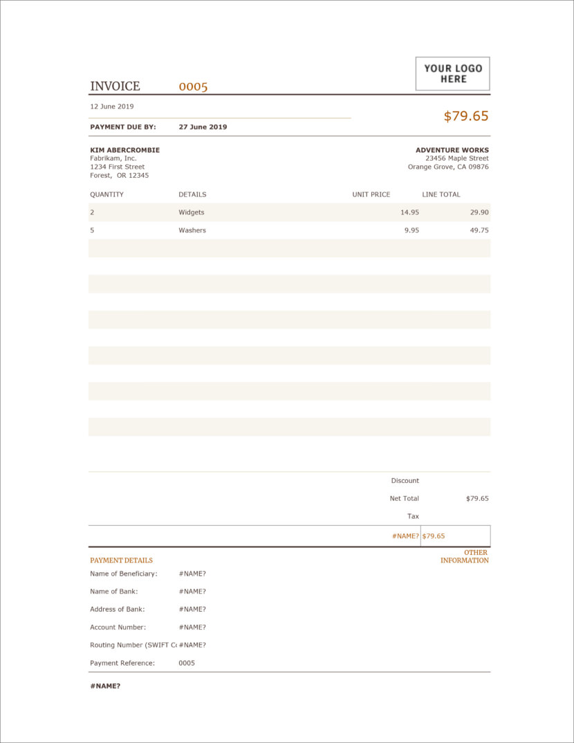 Screenshot of invoice template available in Micosoft Excel, downloadable in Docx and Xlsx format