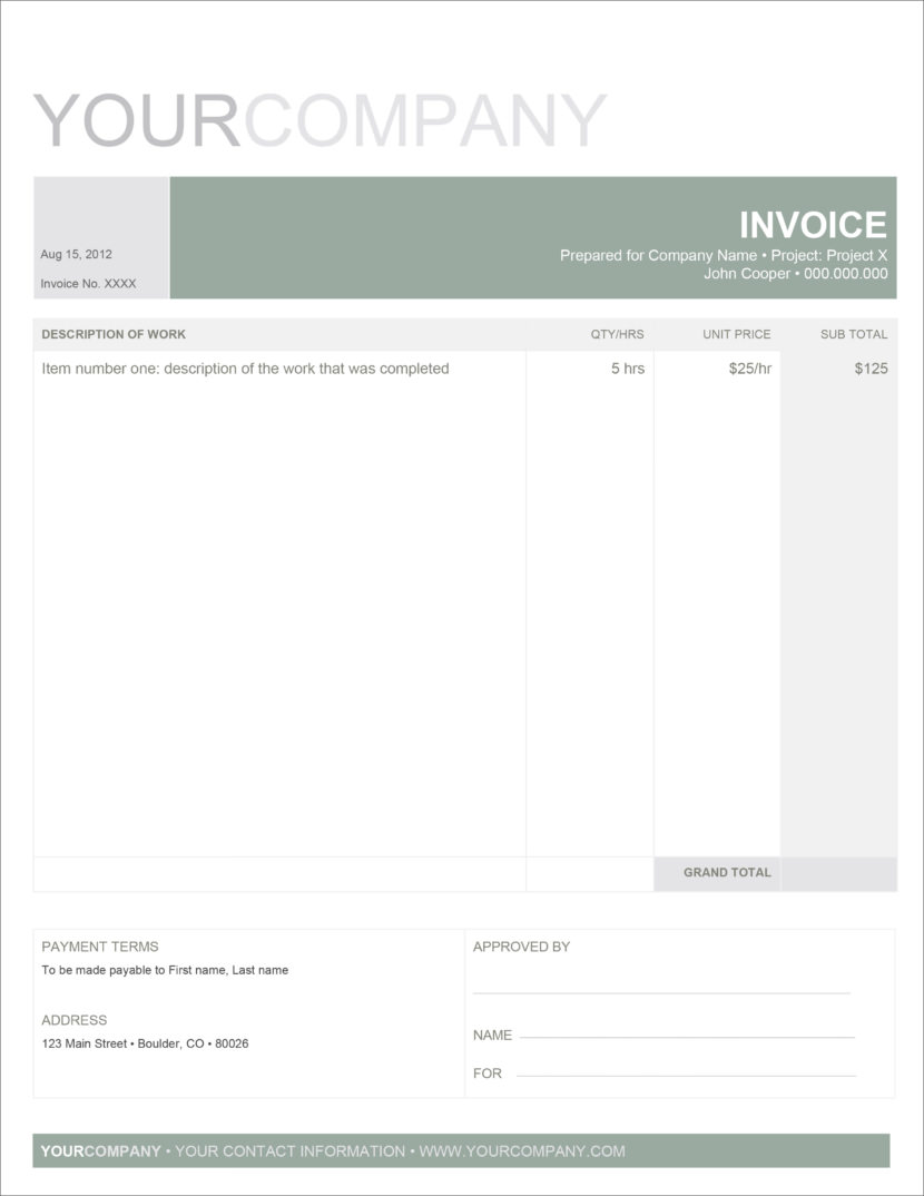 Screenshot of invoice template available in Micosoft Excel, downloadable in Docx and Xlsx format