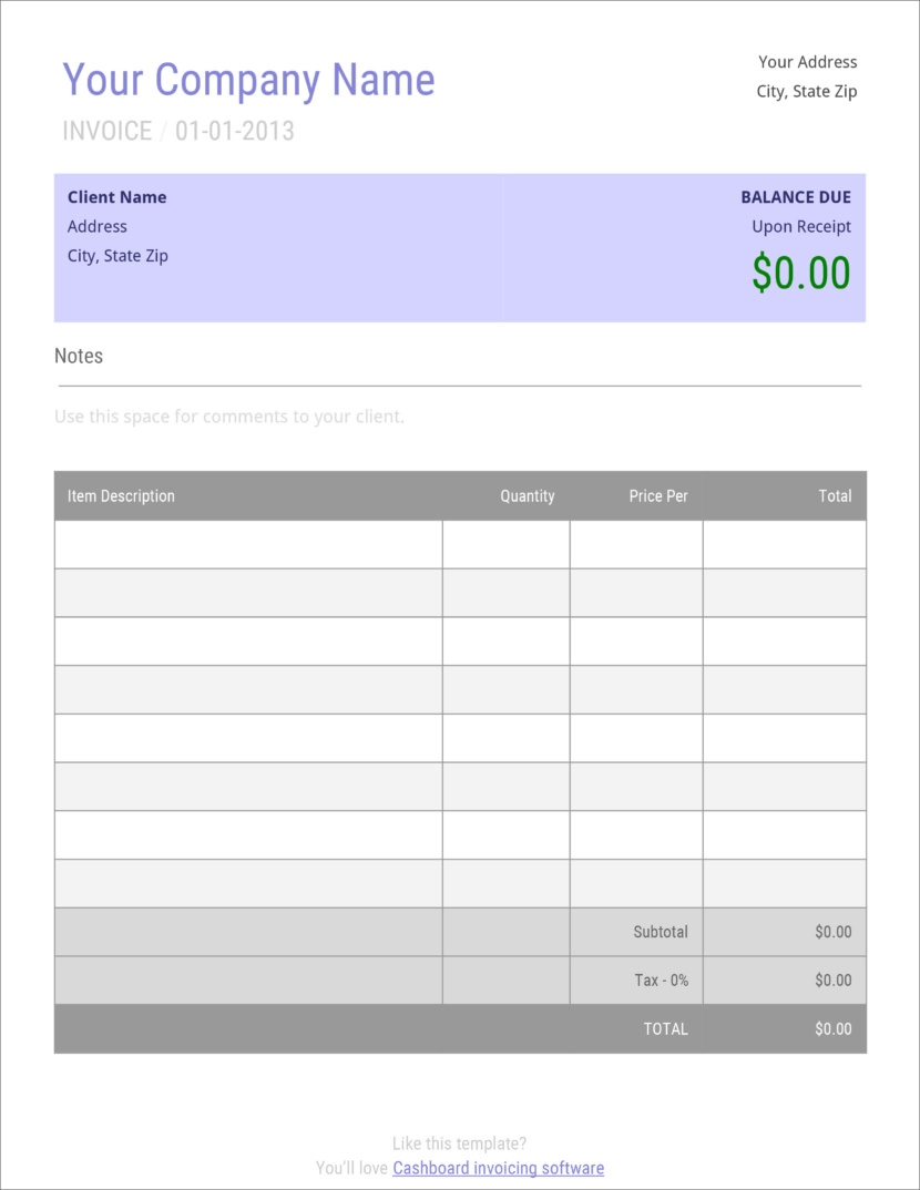 Screenshot of invoice template available in Micosoft Excel, downloadable in Docx and Xlsx format