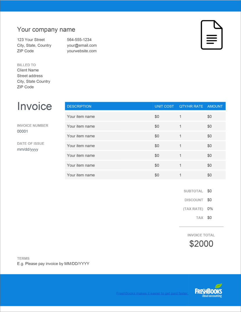 Screenshot of invoice template available in Micosoft Excel, downloadable in Docx and Xlsx format