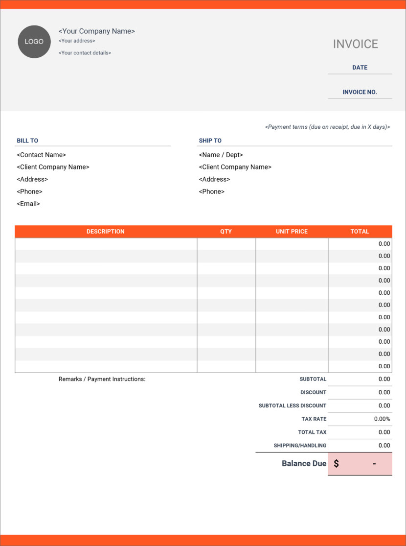 Screenshot of free invoice template by Google Sheets, downloadable in Docx and Xlsx format