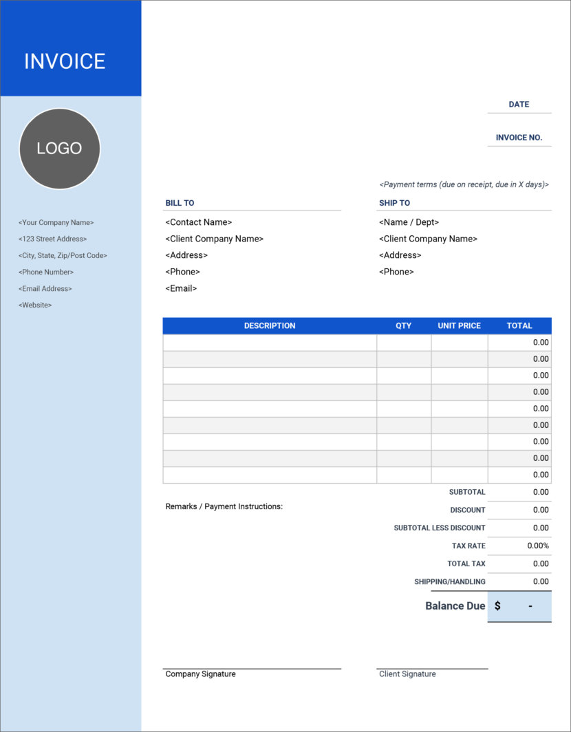 Screenshot of free invoice template by Google Sheets, downloadable in Docx and Xlsx format