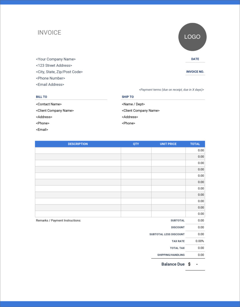 Screenshot of free invoice template by Google Sheets, downloadable in Docx and Xlsx format